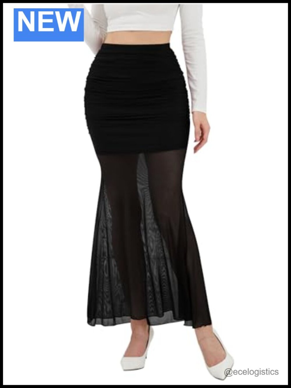 Womens High Waist Bodycon Maxi Skirt Ruched Fishtail Mesh Mermaid